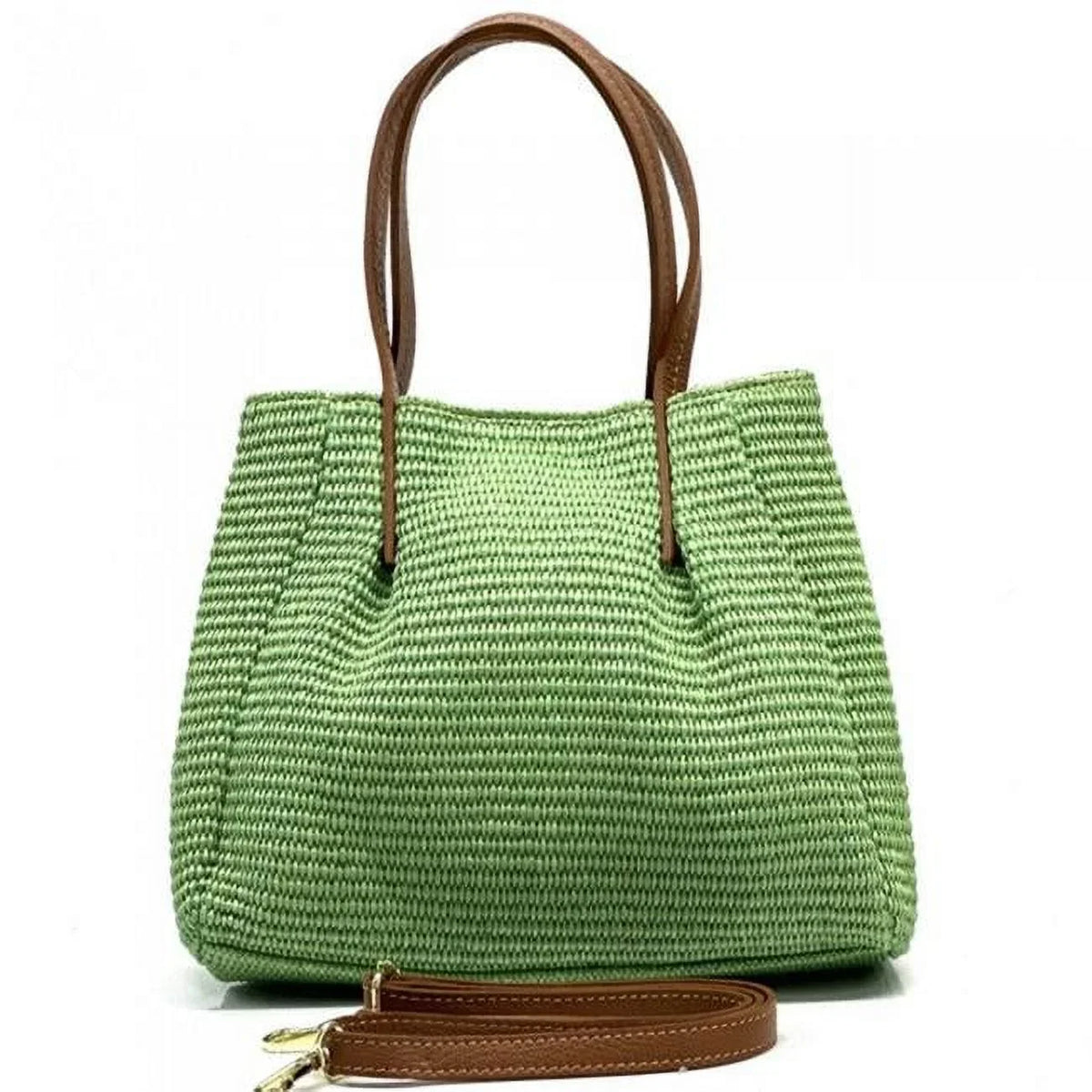 '- & Raffia Double Artisan Leather Handle Handbag Italian Irina , Medium Made of Green Light