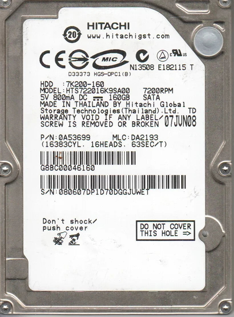 0A53699, Hitachi Drive PN SATA DA2193, 2.5 HTS722016K9SA00, Hard 160GB MLC
