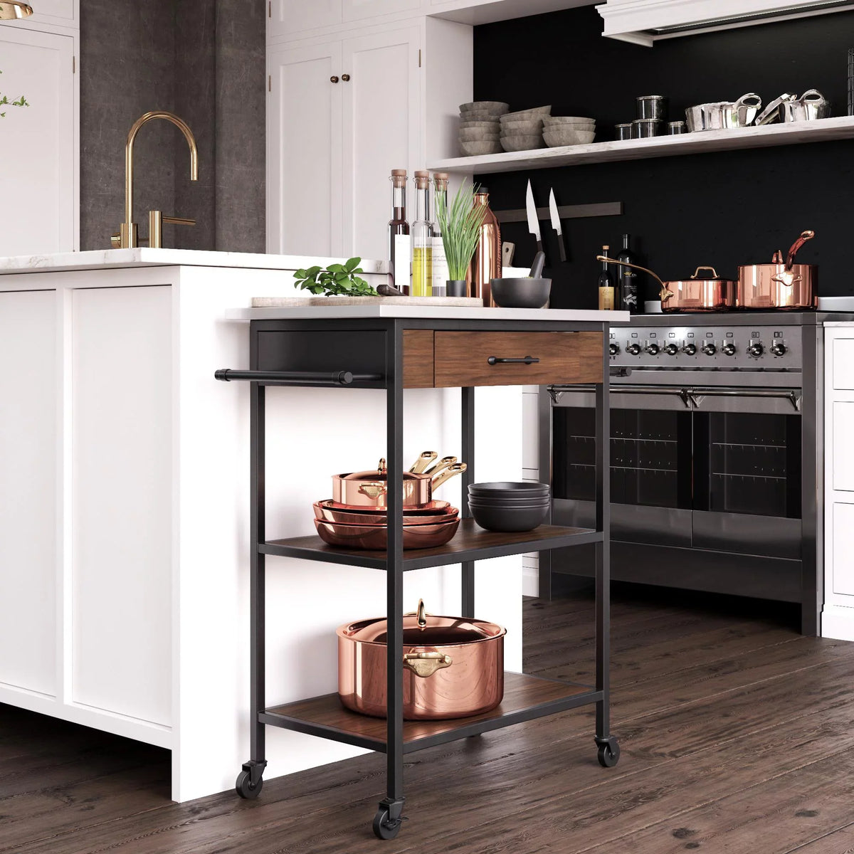 Cart, Black Counter Frame, Brown Pantry Kane Stainless Steel Storage,  Kitchen Top, DHP
