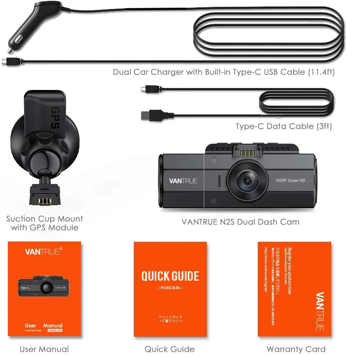 Inside w/ N2S Camera and | | Dash Dash Vantrue Cam Front 4K GPS NV Infrared