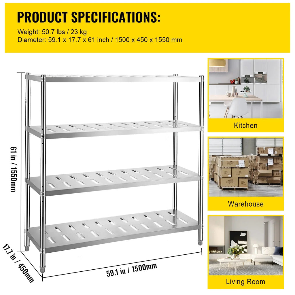 Garage BENTISM Duty Heavy Shelf 4-Tier Steel Shelving 59.1x17.7x61in Stainless