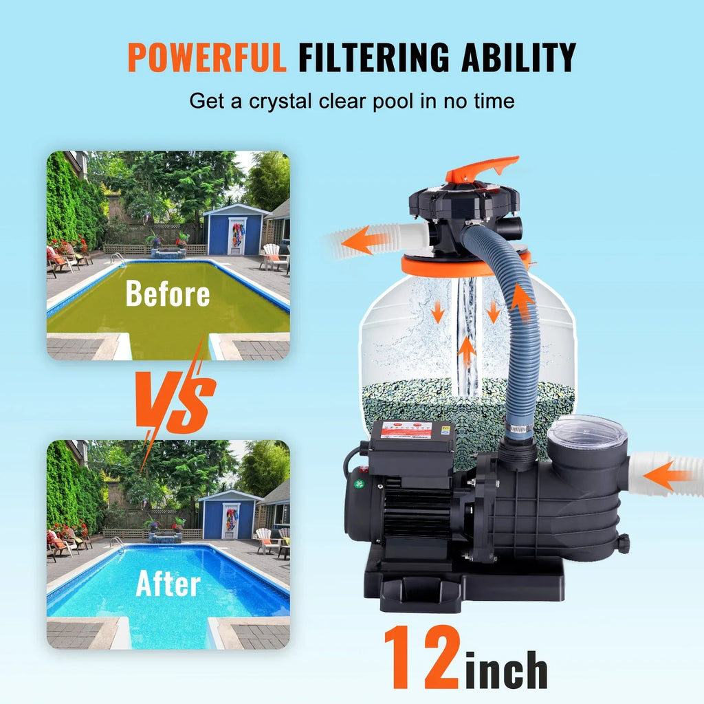 & Filters 3000 HP, Pool 12-Inch Combo 1/2 Sand Pumps GPH Filter Pump, System Swimming
