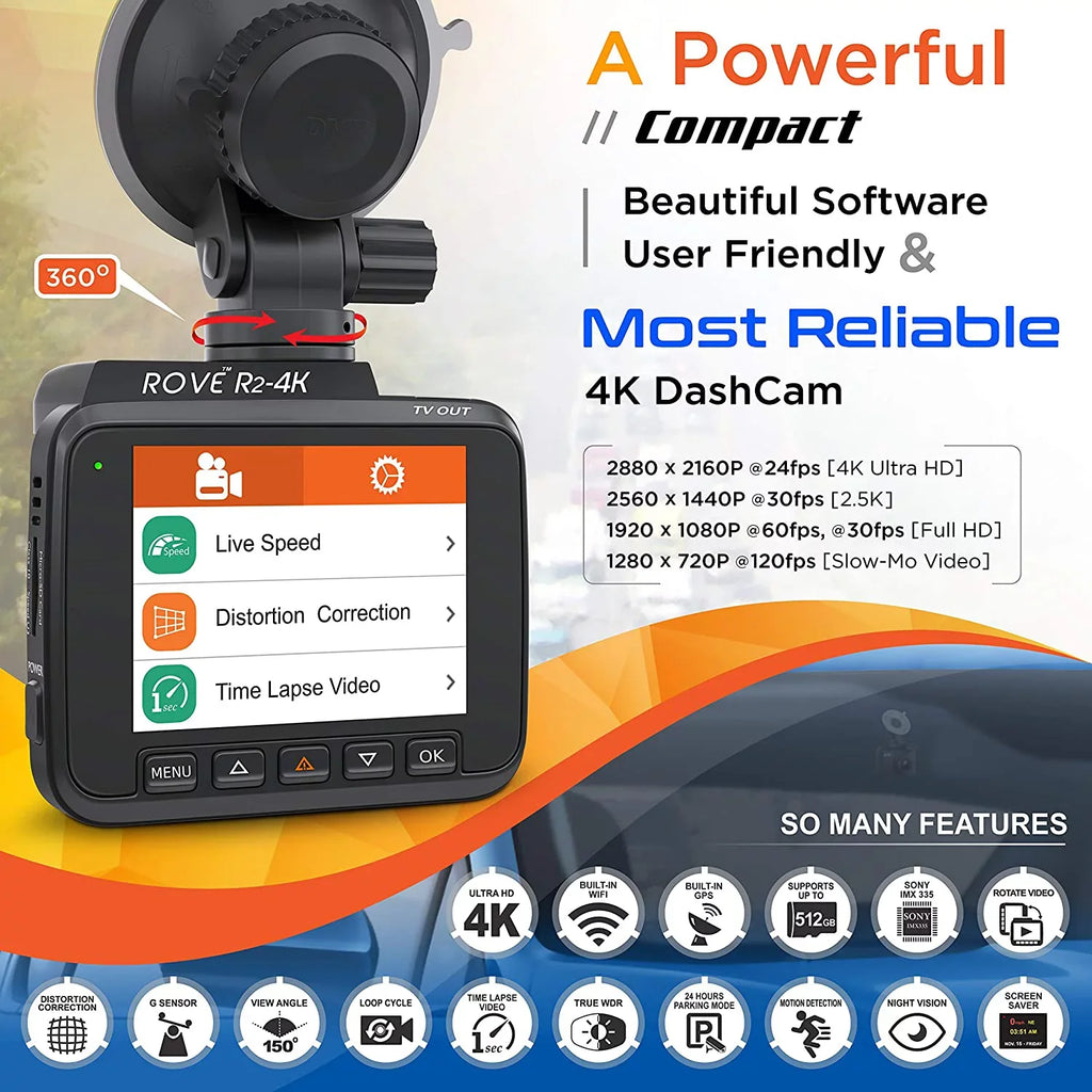 GPS Dash 2.4" in 2160P, WDR, 150° Camera Angle, 4K Built Recorder Car Wide UHD Cam WiFi Night Vision LCD, with Dashboard