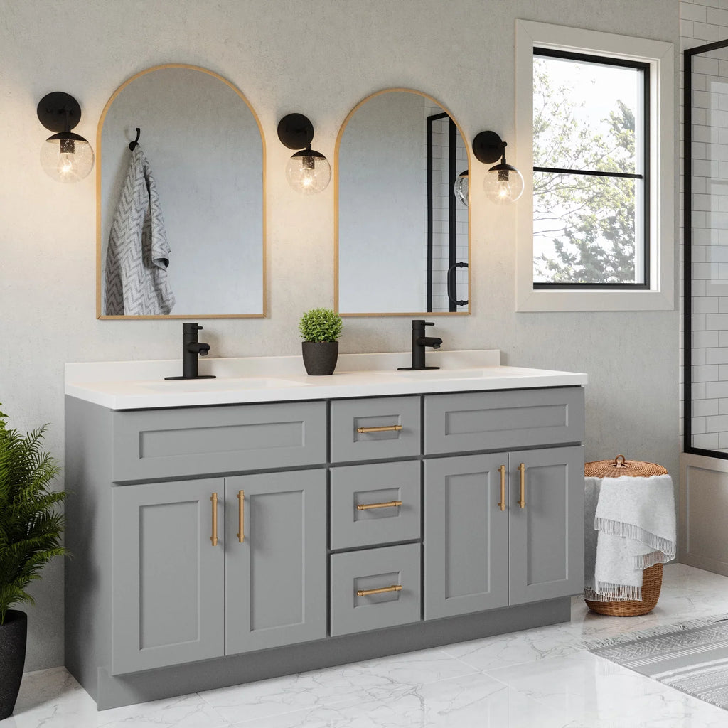 House Rectangle Design Mount Camilla Integrated 557678-WHT Vanity with Centerset Cultured Top Backsplash, Double White Solid 61-inch Marble Bowl