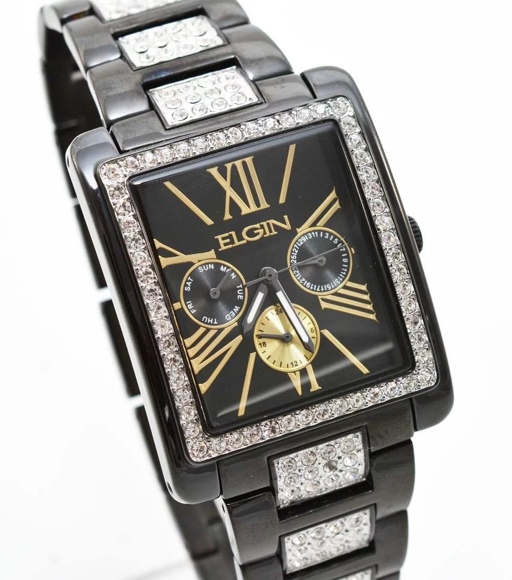 Quartz Black Elgin Band Watch Men`s Crystal IP & New FG10003 Multifunction Dial