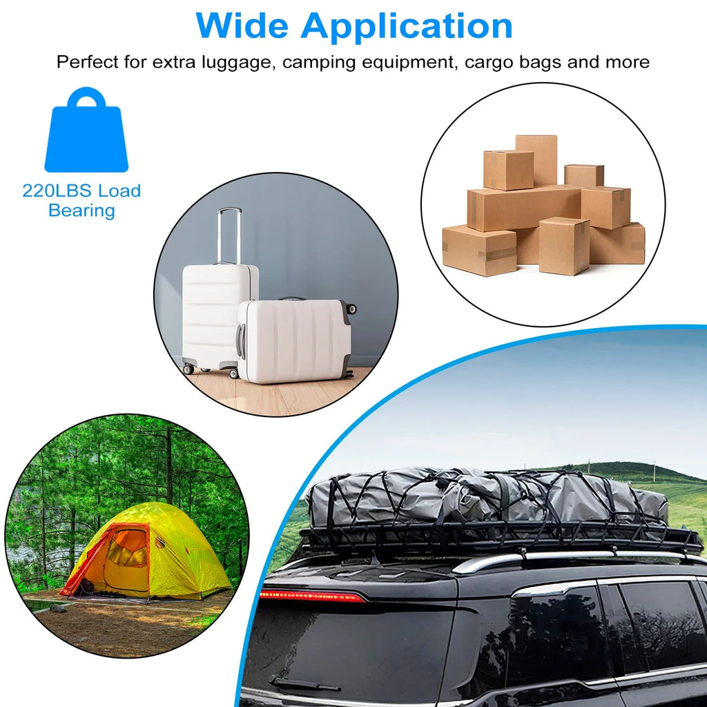 Extension 220 Top Car Capacity and Hooks, with Rack Elastic 10 lb. Basket Luggage Cargo Universal Black Rack Net Roof Carrier, 63x39x6.3in, Basket, iMounTEK Roof
