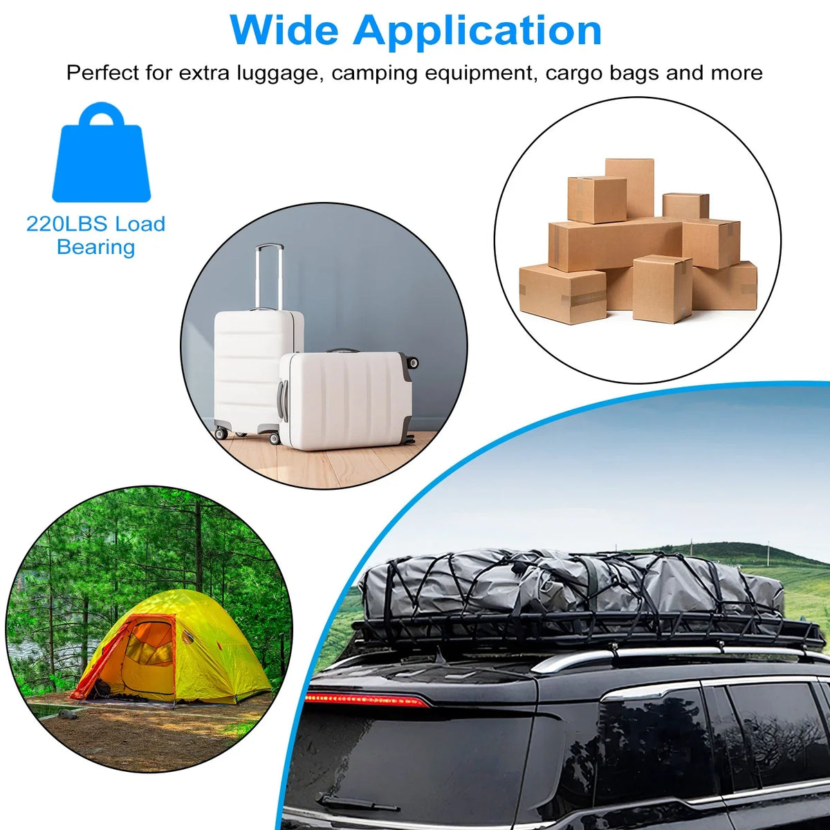 Extension 220 Top Car Capacity and Hooks, with Rack Elastic 10 lb. Basket Luggage Cargo Universal Black Rack Net Roof Carrier, 63x39x6.3in, Basket, iMounTEK Roof