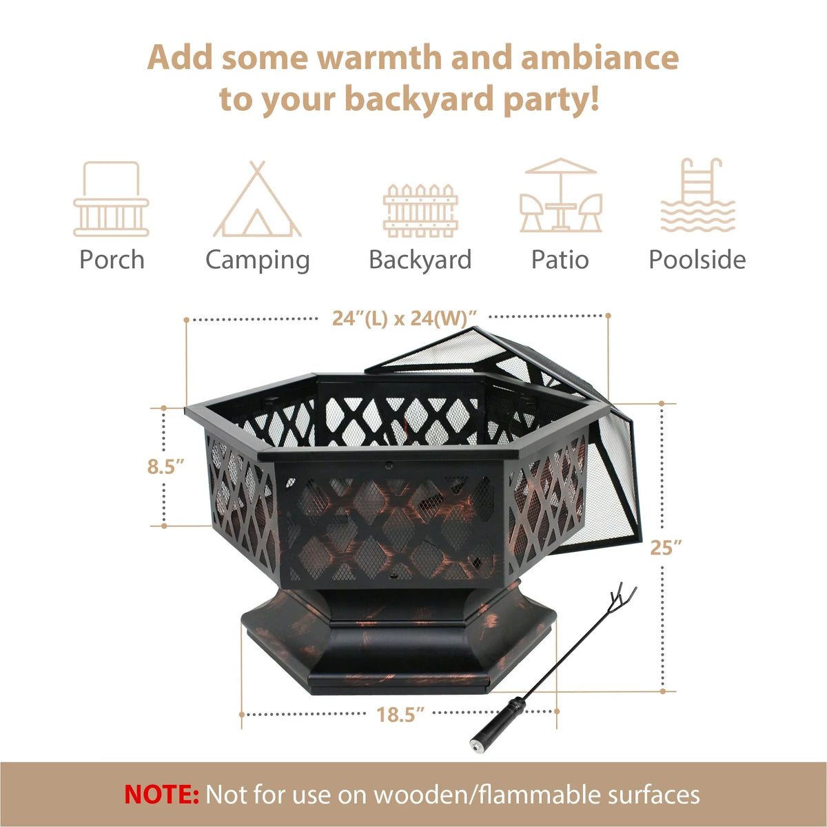 Portable Black Pit - Bonfire Wood Lid, ZenSports Backyard, Hex-Shaped Outdoor 24’’ Pire W/Mesh Burning