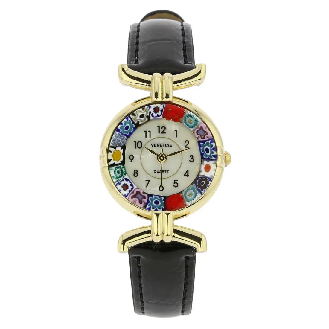 Leather GlassOfVenice Glass Watch Murano with Multicolor Black - Millefiori Band