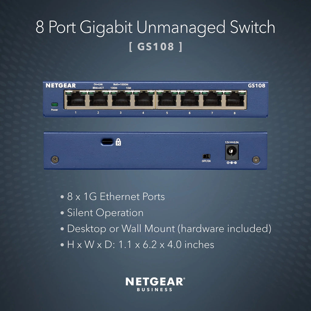 '- NETGEAR (GS108) Switch Unmanaged 8-Port Gigabit Ethernet