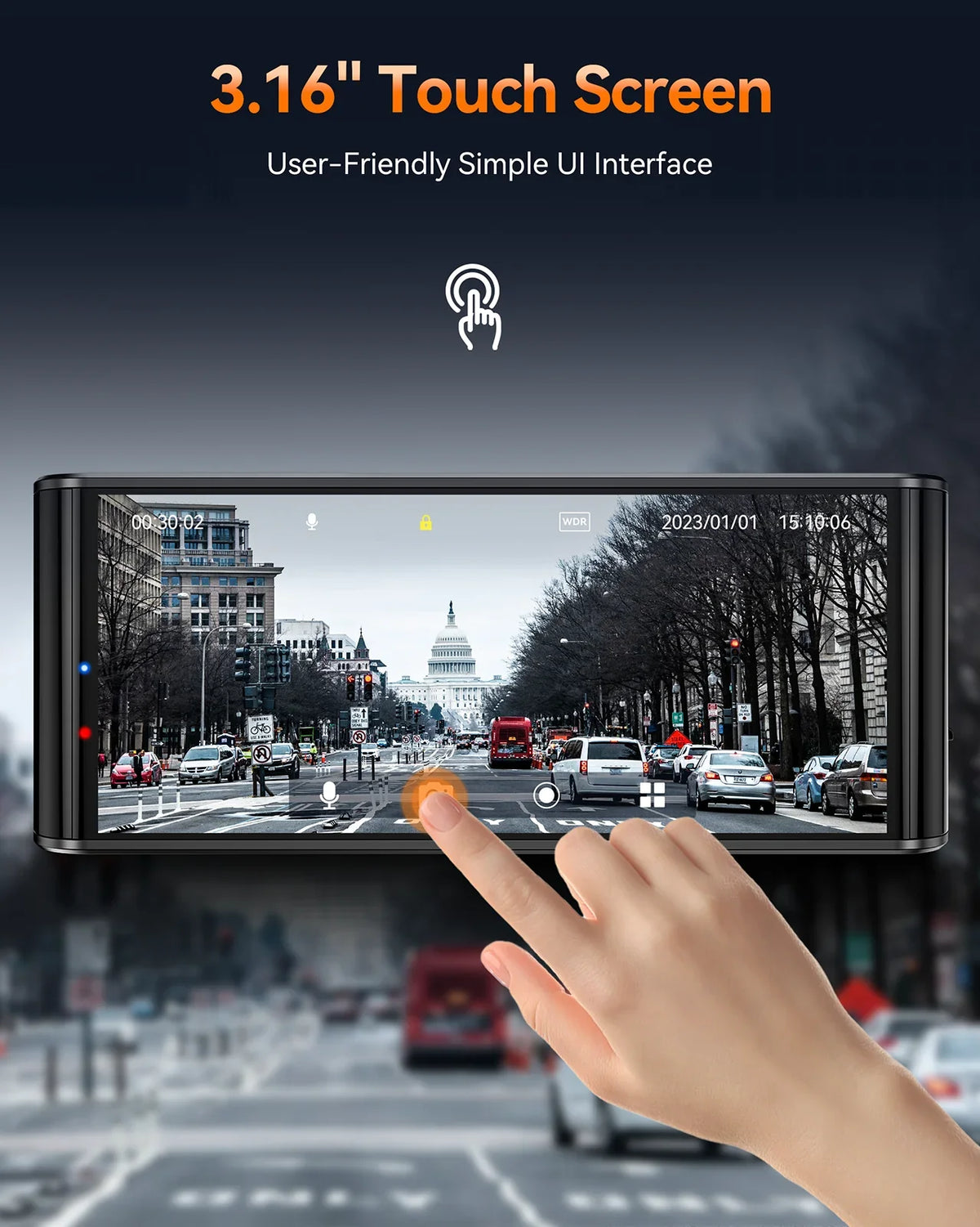Dual Touch Rear Sensor Activated 3.16" Car Toguard Cam with Capacitor Emergency W/Motion and Front 4K WiFi Lock Dash IPS Camera GPS, Screen