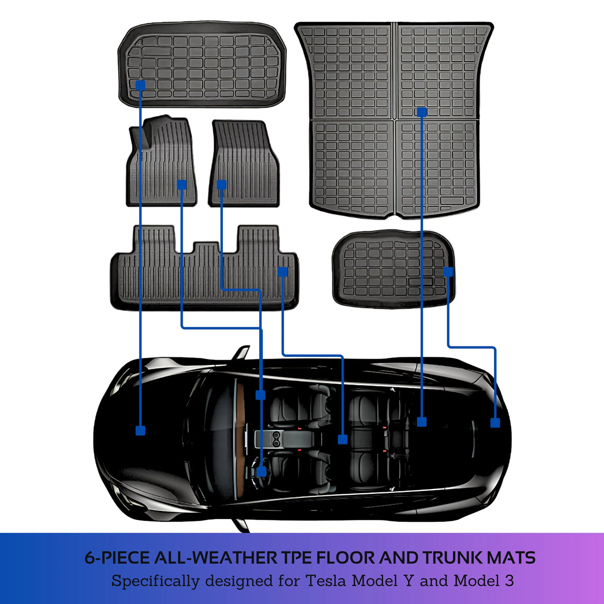 BunnyBird for 6-Piece Weather Accessories Floor TPE All r Mat Trunk Tesla Mat 2020-2023 Model 3-5-Seater Cargo Car