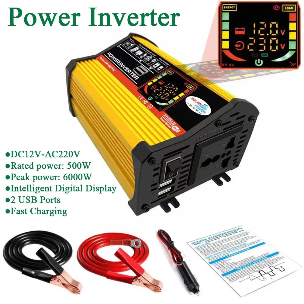 Inverter Charging 500W Ports Auto Fast USB 6000W Display Charger Modified Intelligent 2 Sine Adapter Digital Converter ALLTIMES Car Power DC12V-AC220V Reted Wave