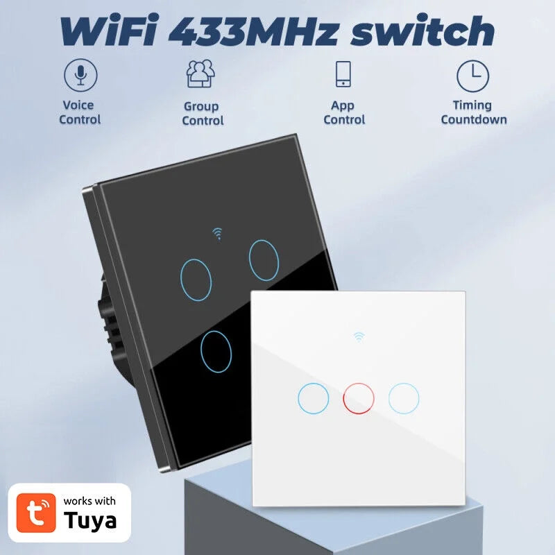 Touch Wall Home Panel TUYA WiFi+433MHZ Smart Light Button Switch Glass 3/4Gang