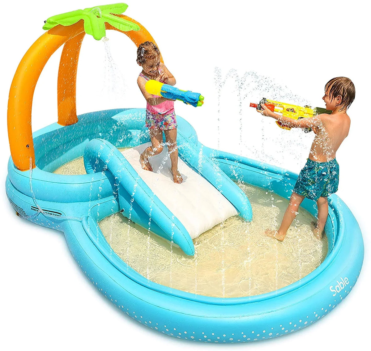 Center Wading Children 110'' Play Kids Inflatable Slide Backyard 53'' for 71'' x Garden Pool x Sable with