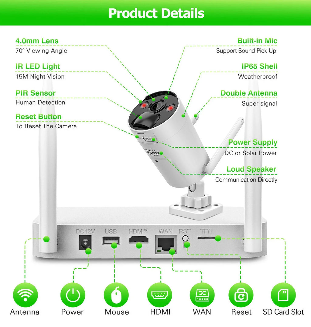 Wireless Panels HDD Solar 4 4Pcs , NVR 2.5inch Battery , Camera WiFi 3MP 8CH CCTV VIKVIZ System