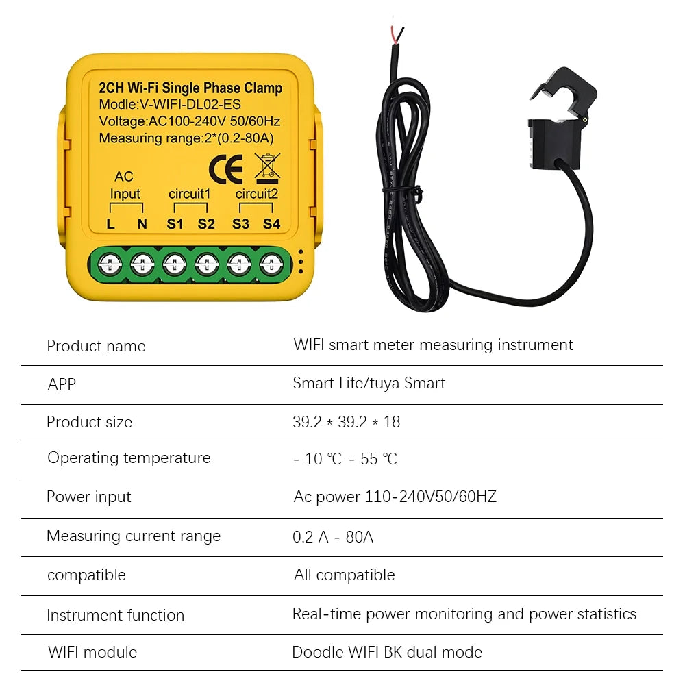 Meter Wifi Consumption Solar 80a Smart 2. Andoer Meter regulator,Statistics Automatic Phase 50/60hz Clamp voltage Clamp 80a Solar Current 100-240v Solar Clamp Smart