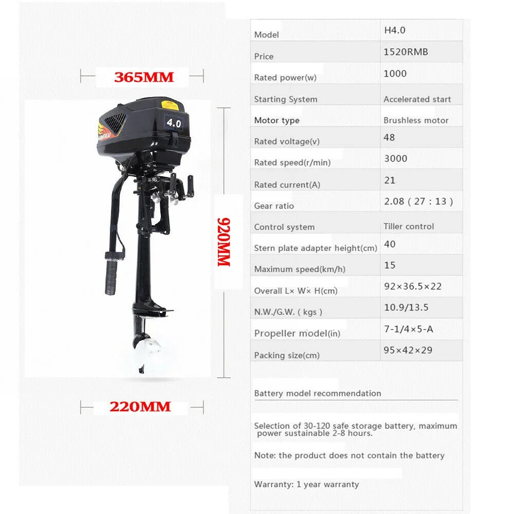 Propeller Outboard Boat Trolling Electric Motor HANGKAI 1000W 48V Fishing Engine