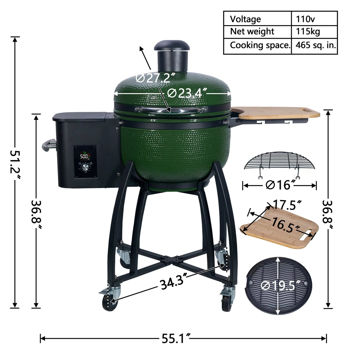 4-in-1 Patio BBQ Ceramic "Ceramic Grill r Outdoors Gridiron 24 Pan-roasted 19.6" Pellet diameter Double with Roasted Smoked for