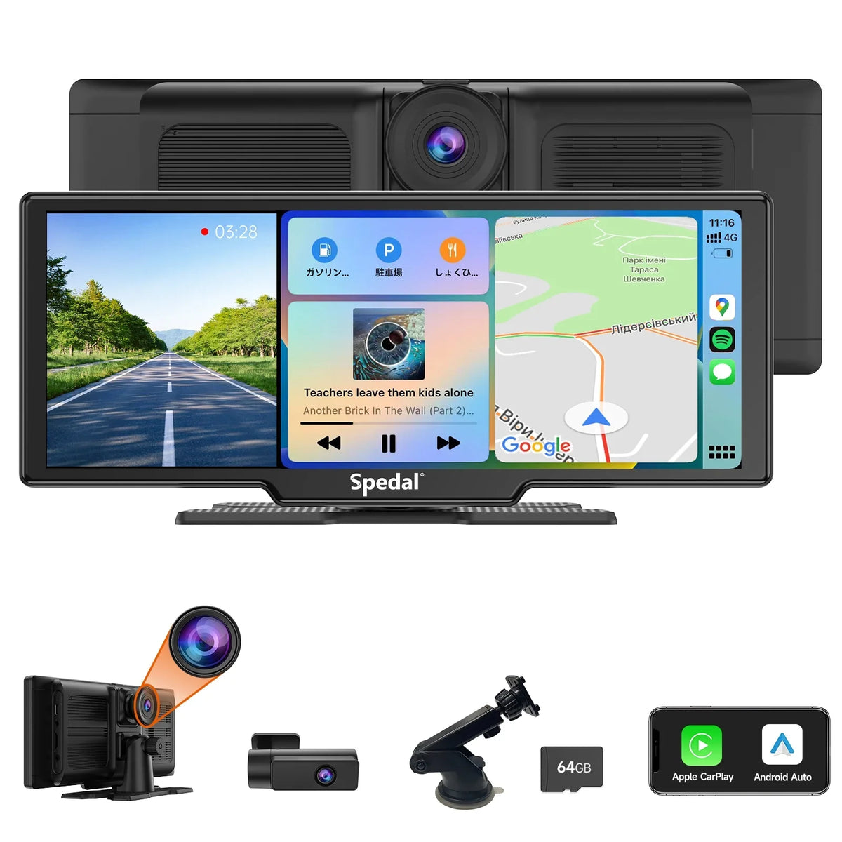 CarPlay Rear- Bluetooth GPS CarPlay Apple Stereo Rear Spedal ＆Android Car and Wireless with Navigation Car Unit 1080p 9.3" Front Auto Dash Screen Cam Receivers Camera Stereo Head 4K Portable CL860