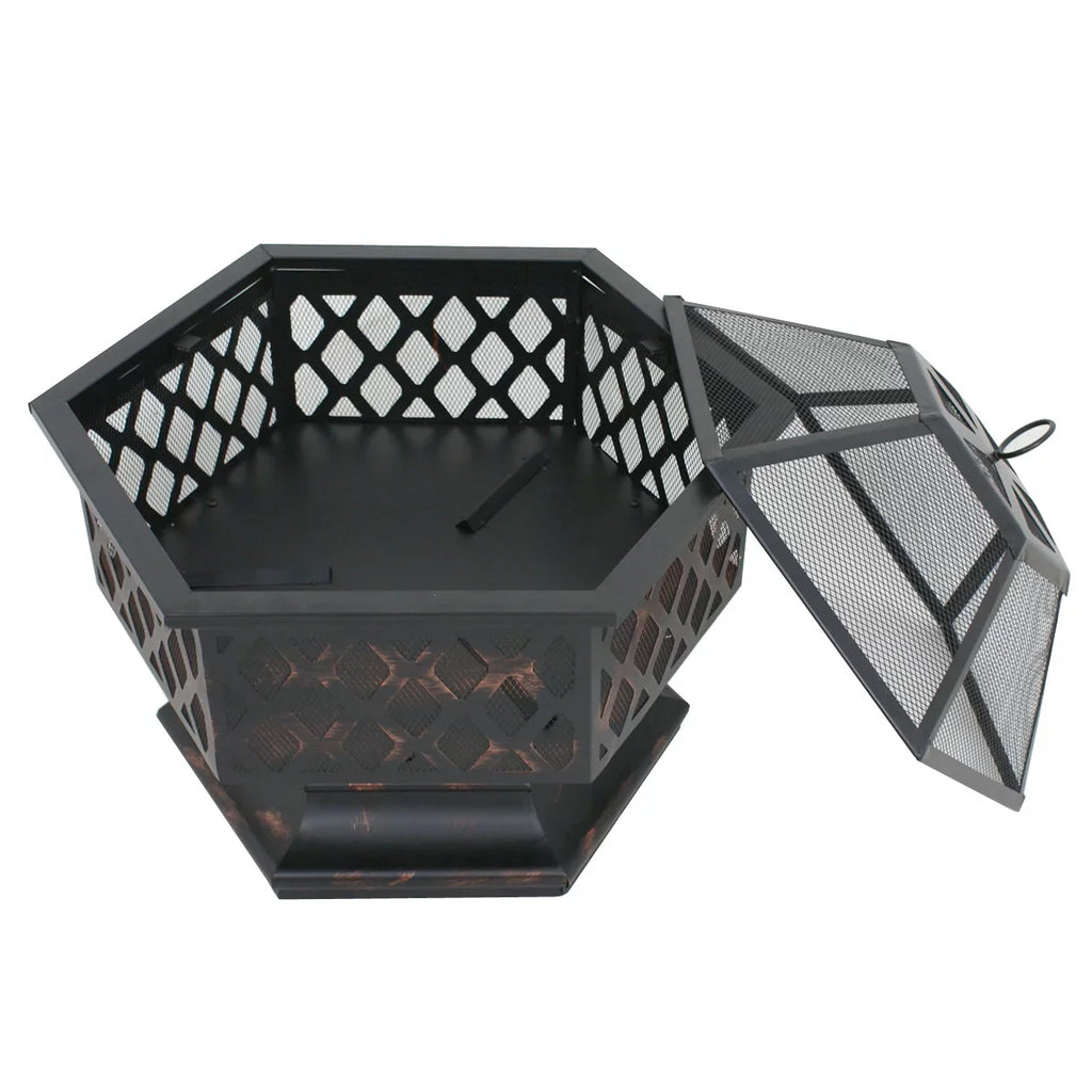 Portable Black Pit - Bonfire Wood Lid, ZenSports Backyard, Hex-Shaped Outdoor 24’’ Pire W/Mesh Burning