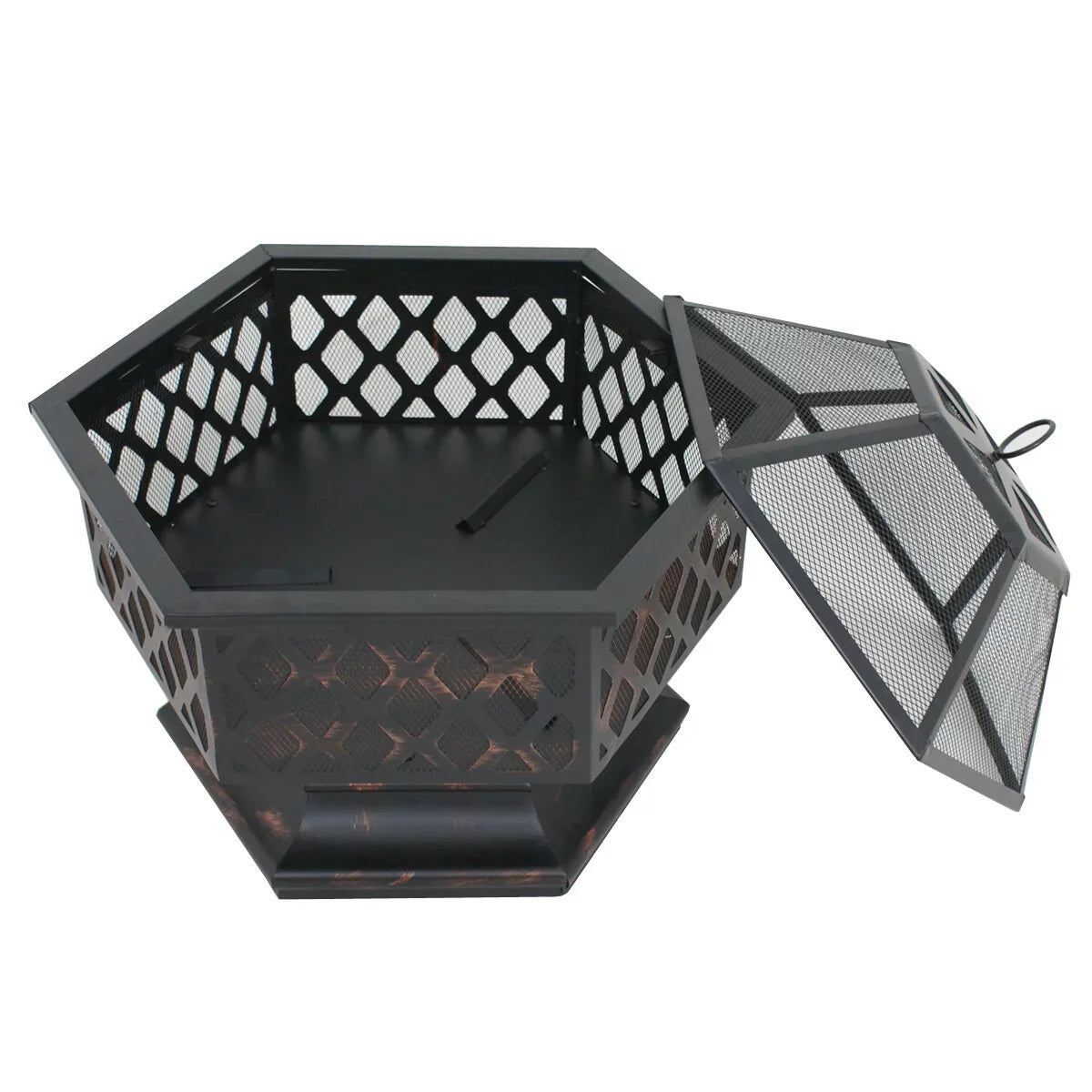 Portable Black Pit - Bonfire Wood Lid, ZenSports Backyard, Hex-Shaped Outdoor 24’’ Pire W/Mesh Burning