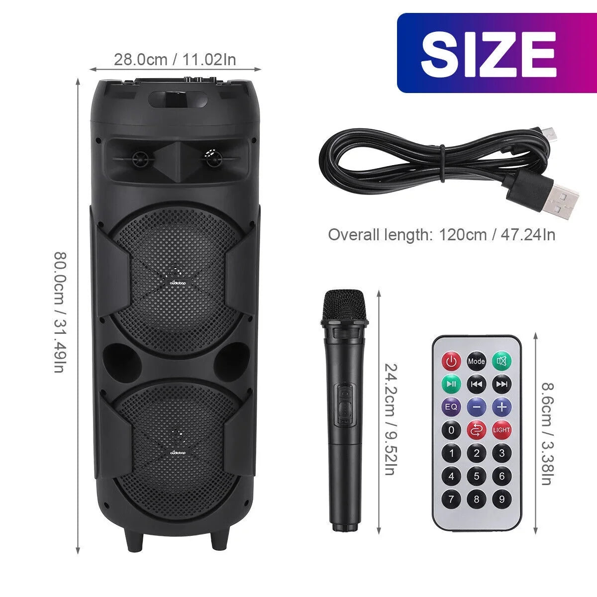 Bluetooth System Bass Speaker 8" Sound 31" Dual & Portable Subwoofer Heavy Mic