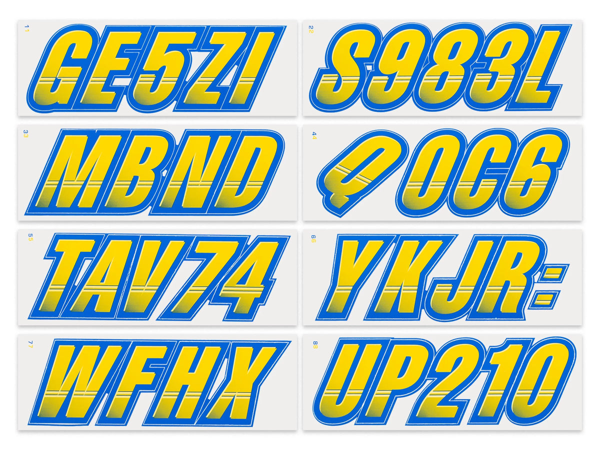 for Letters Stickers Techtron Identification Boats  Numbers Decals & PWC 3" Kit Personal Liquidcraft STIFFIE & Yellow/Blue Alpha-Numeric Registration Custom