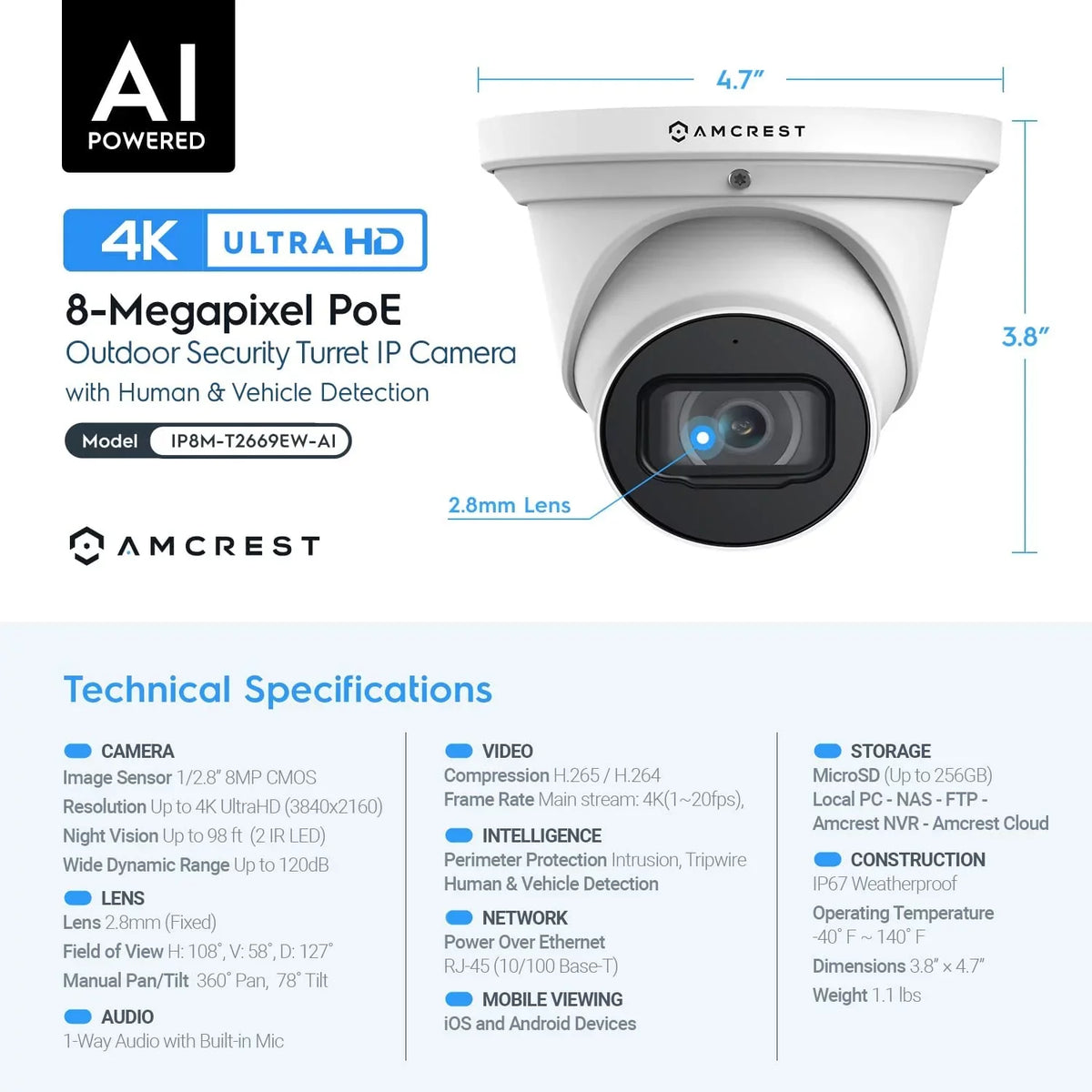 Camera POE Security Outdoor 3840x2160, in Amcrest MicroSD, POE Detection, Wide AI IP UltraHD 4K Camera, Weatherproof, 8MP (IP8M-T2669EW-AI) Built Human/Vehicle IP67 (Used) Turret Mic, White Angle,