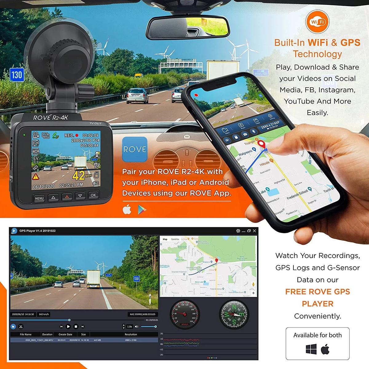 GPS Dash 2.4" in 2160P, WDR, 150° Camera Angle, 4K Built Recorder Car Wide UHD Cam WiFi Night Vision LCD, with Dashboard