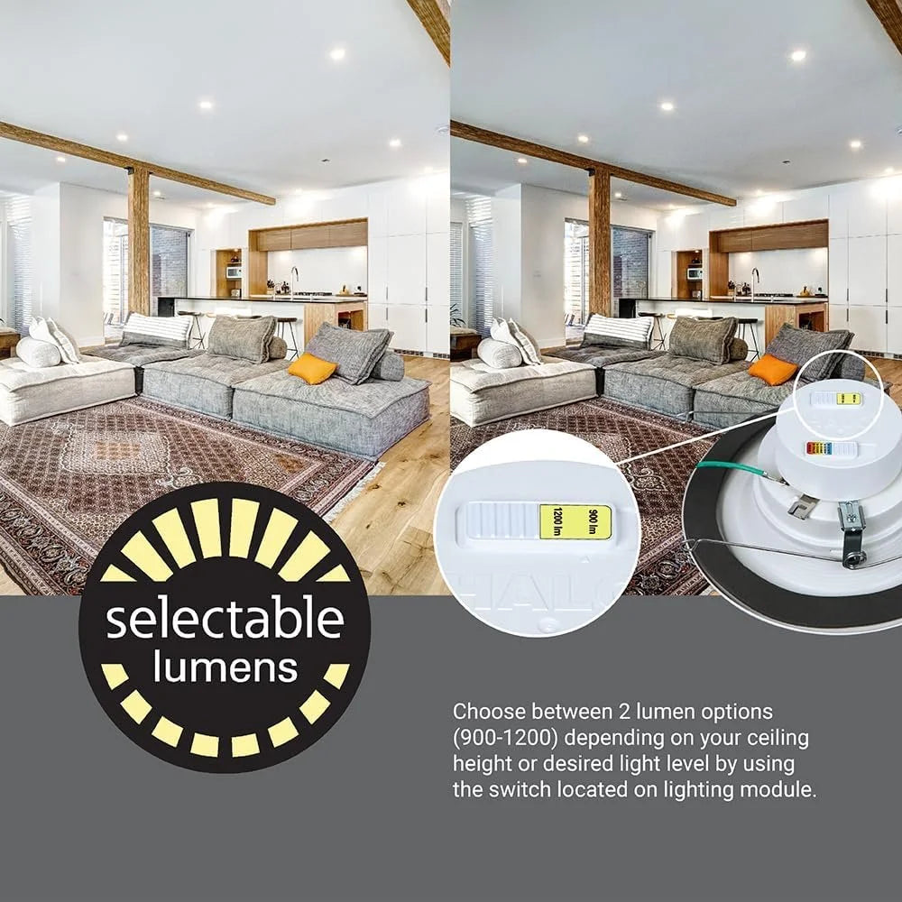 Retrofit Baffle & 900/1200 Shower CCT inch Selectable Trim, Downlight, Lumens Recessed and 5/6 Retrofit Matte to Warm, Selectable Light White Dim Lumens, Series HALO LED Ceiling RL