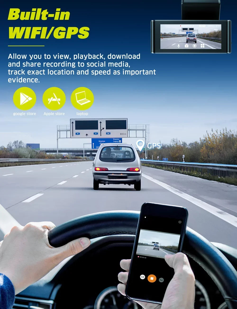 Dual Touch Rear Sensor Activated 3.16" Car Toguard Cam with Capacitor Emergency W/Motion and Front 4K WiFi Lock Dash IPS Camera GPS, Screen