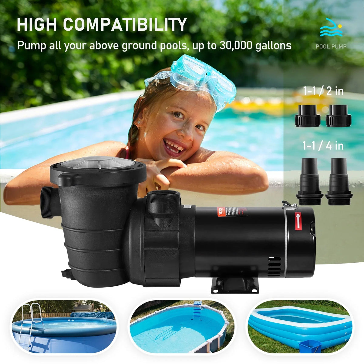 Strainer Pool Ground of Pool 1100W Pump, Flow, Happybuy w/ Basket, for Pumps Single 5280GPH Swimming Speed Above 115V, Max. ETL Certification 1.5HP
