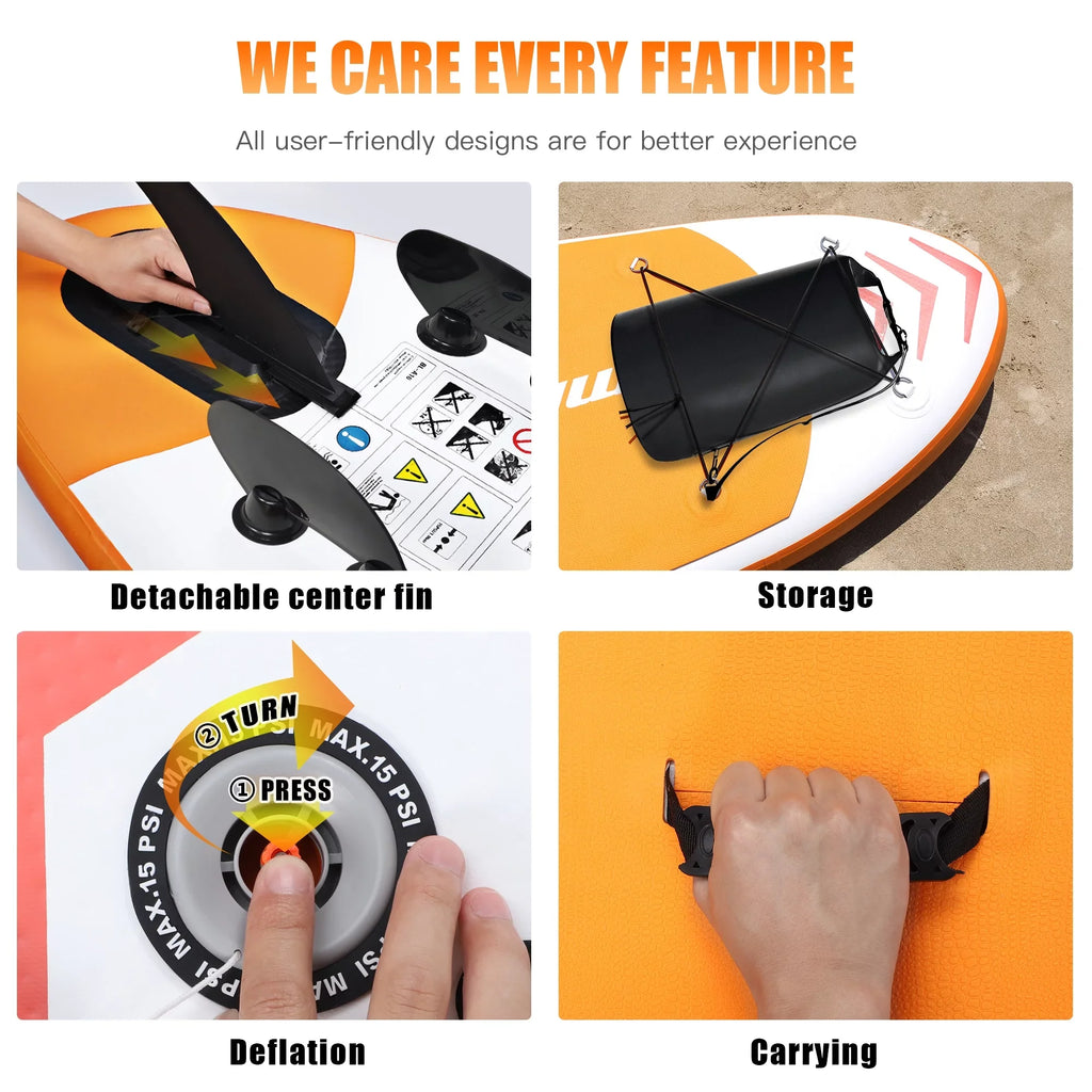 Stance, 10' | Paddle Boat-Orange with 3 Control, (6"Thick) |Youth Inflatable Deck Fin Paddling, Famistar Adult Wide Stand Standing Board Pins Up Non-Slip SUP/ for & Bottom Surf