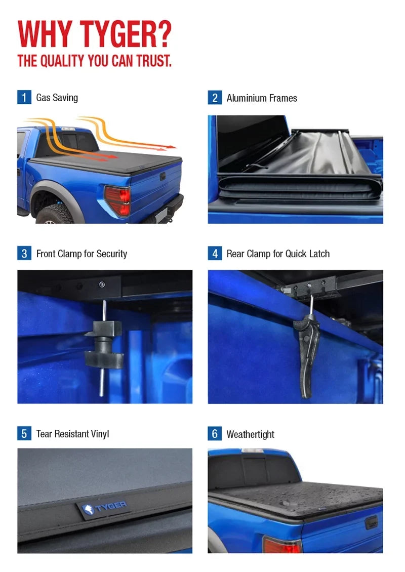 Soft 6' Cover 1994-2010 with T3 Fleetside 1982-2013 Bed Compatible (73") Tonneau Mazda Truck Tyger | Ranger; Tri-fold TG-BC3F1022 B-Series Ford Auto | Bed