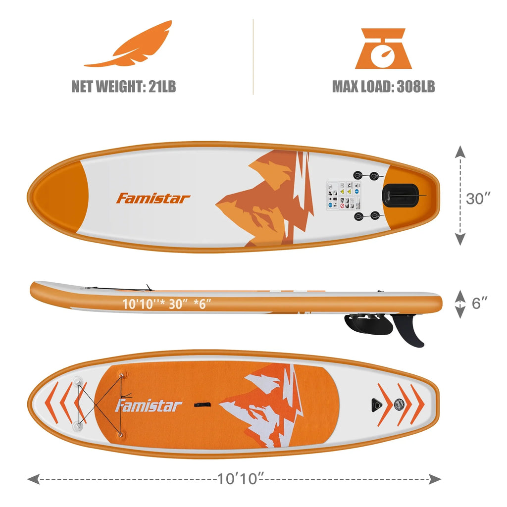 Stance, 10' | Paddle Boat-Orange with 3 Control, (6"Thick) |Youth Inflatable Deck Fin Paddling, Famistar Adult Wide Stand Standing Board Pins Up Non-Slip SUP/ for & Bottom Surf