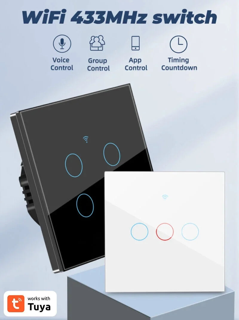 Touch Wall Home Panel TUYA WiFi+433MHZ Smart Light Button Switch Glass 3/4Gang