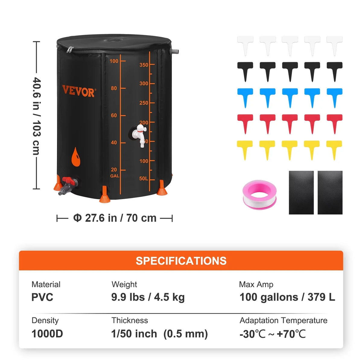 Rainwater and Kit, Capacity, Overflow System Container Barrel, Collection Spigots BENTISM Including PVC Rain Collapsible Portable 100 Gallon Storage Tank Liquid Large