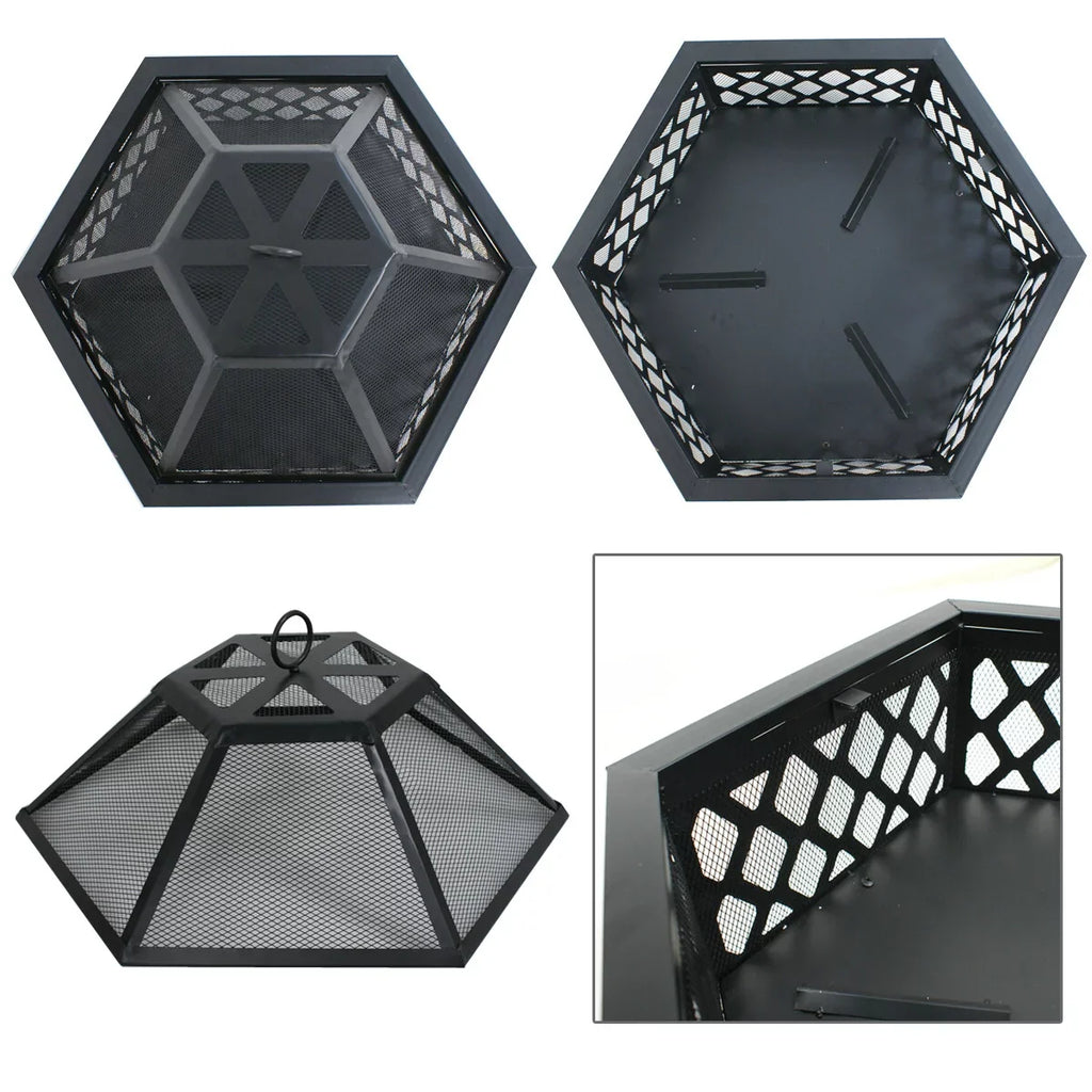 Portable Black Pit - Bonfire Wood Lid, ZenSports Backyard, Hex-Shaped Outdoor 24’’ Pire W/Mesh Burning
