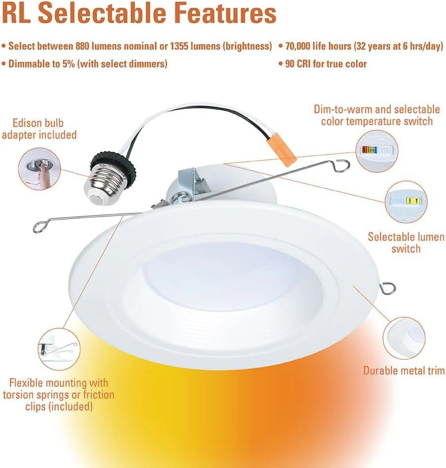 Retrofit Baffle & 900/1200 Shower CCT inch Selectable Trim, Downlight, Lumens Recessed and 5/6 Retrofit Matte to Warm, Selectable Light White Dim Lumens, Series HALO LED Ceiling RL