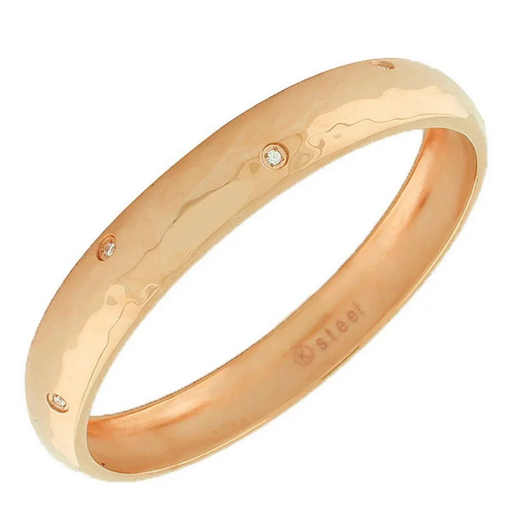 Bangle White Rose Gold-Tone Hammered Finish Stainless Bracelet CZ Steel
