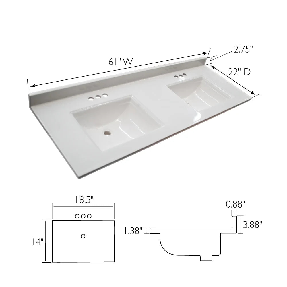 House Rectangle Design Mount Camilla Integrated 557678-WHT Vanity with Centerset Cultured Top Backsplash, Double White Solid 61-inch Marble Bowl
