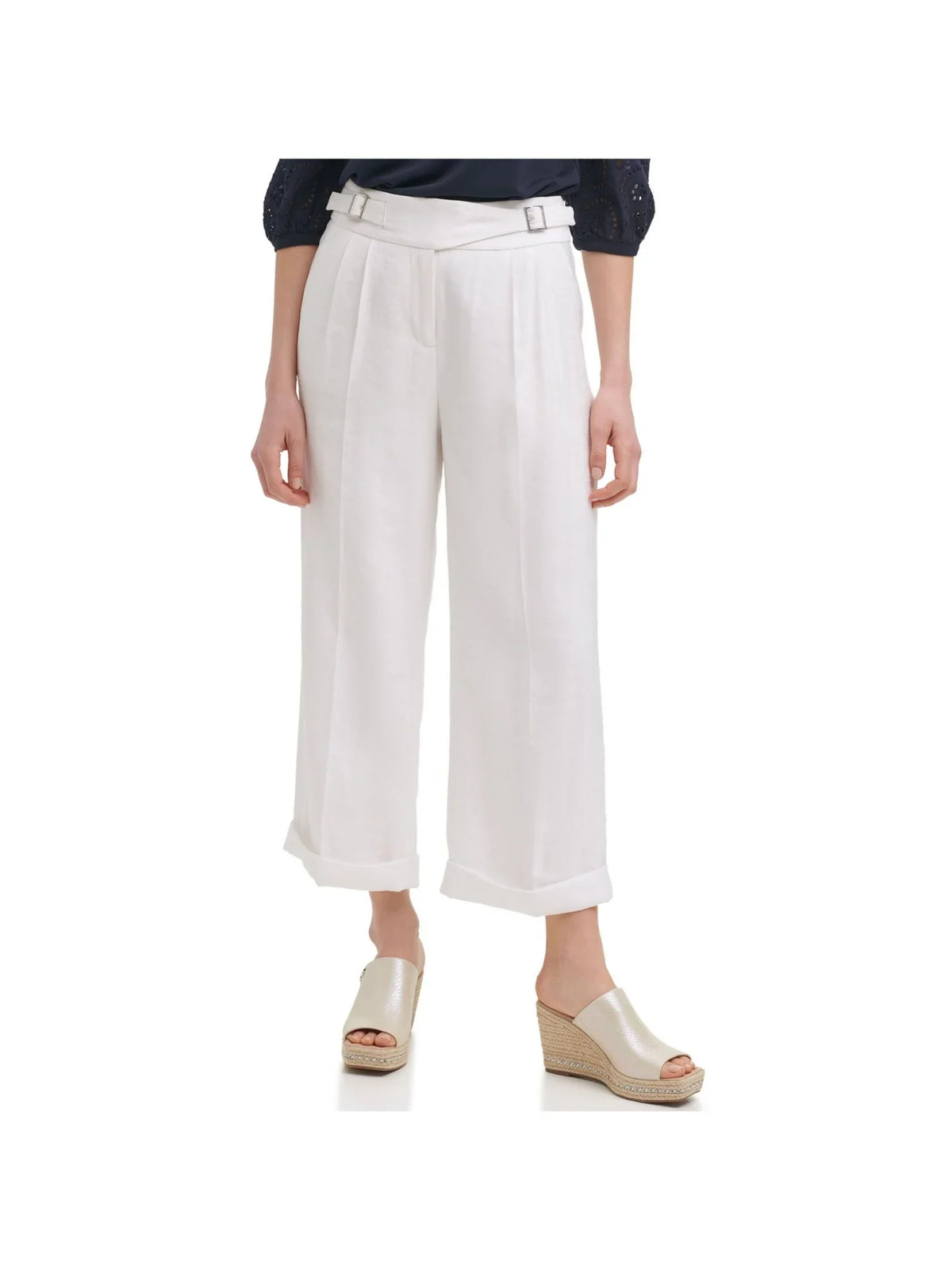 To Wide Work Fastened Hook Leg French Cuffed KARL Fly Hem PARIS Wear  Pants Pocketed White LAGERFELD 10