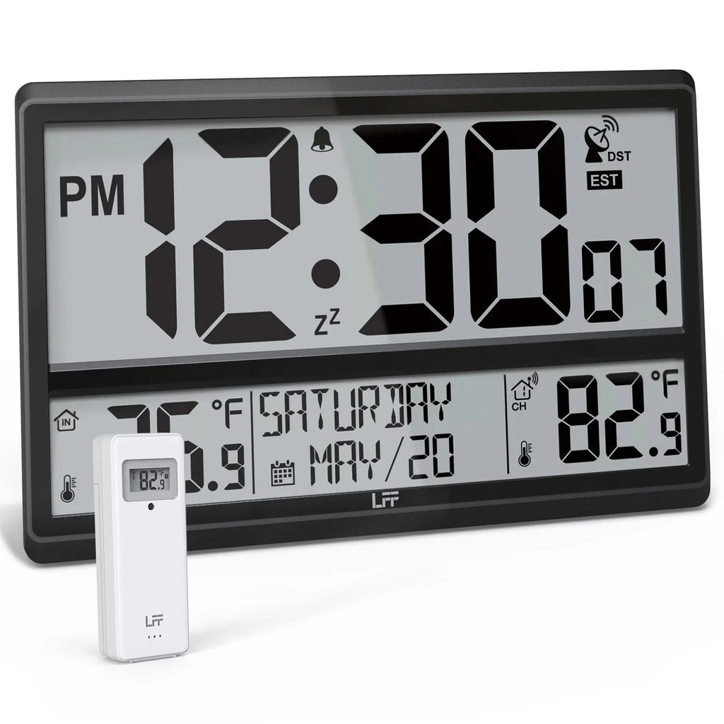 / Numbers Wall Clock Outdoor with Wall Setting, Indoor / Operated, Large Atomic Battery Easy-to-Read, Clock Outdoor Atomic Digital Temperature, LFF 15" Wireless Sensor with Never Needs Clock 4.5"