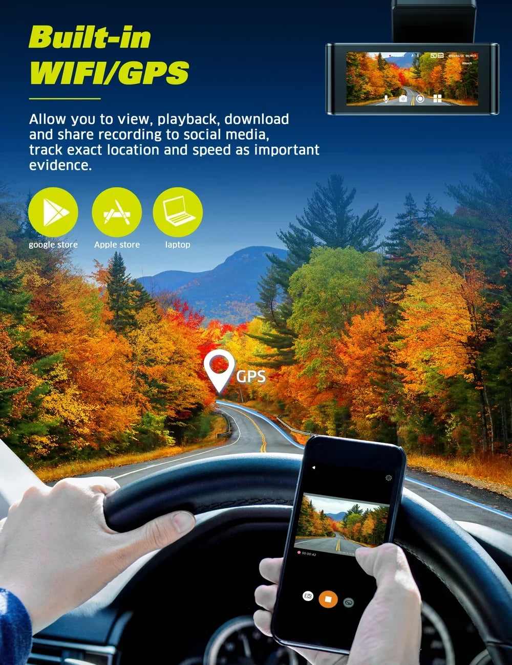 Dual Touch Rear Sensor Activated 3.16" Car Toguard Cam with Capacitor Emergency W/Motion and Front 4K WiFi Lock Dash IPS Camera GPS, Screen
