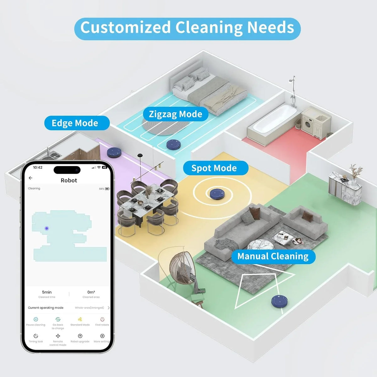 Floor Hard Daily Runtime, Tangle-Free Vacuum 120 and Robot Low Vacuum, Slim, App Cleaner, Hair Pet Suction, 2200Pa for Mins Control, Noise, Ideal Robotic Automatic Self-Charging Cleaning