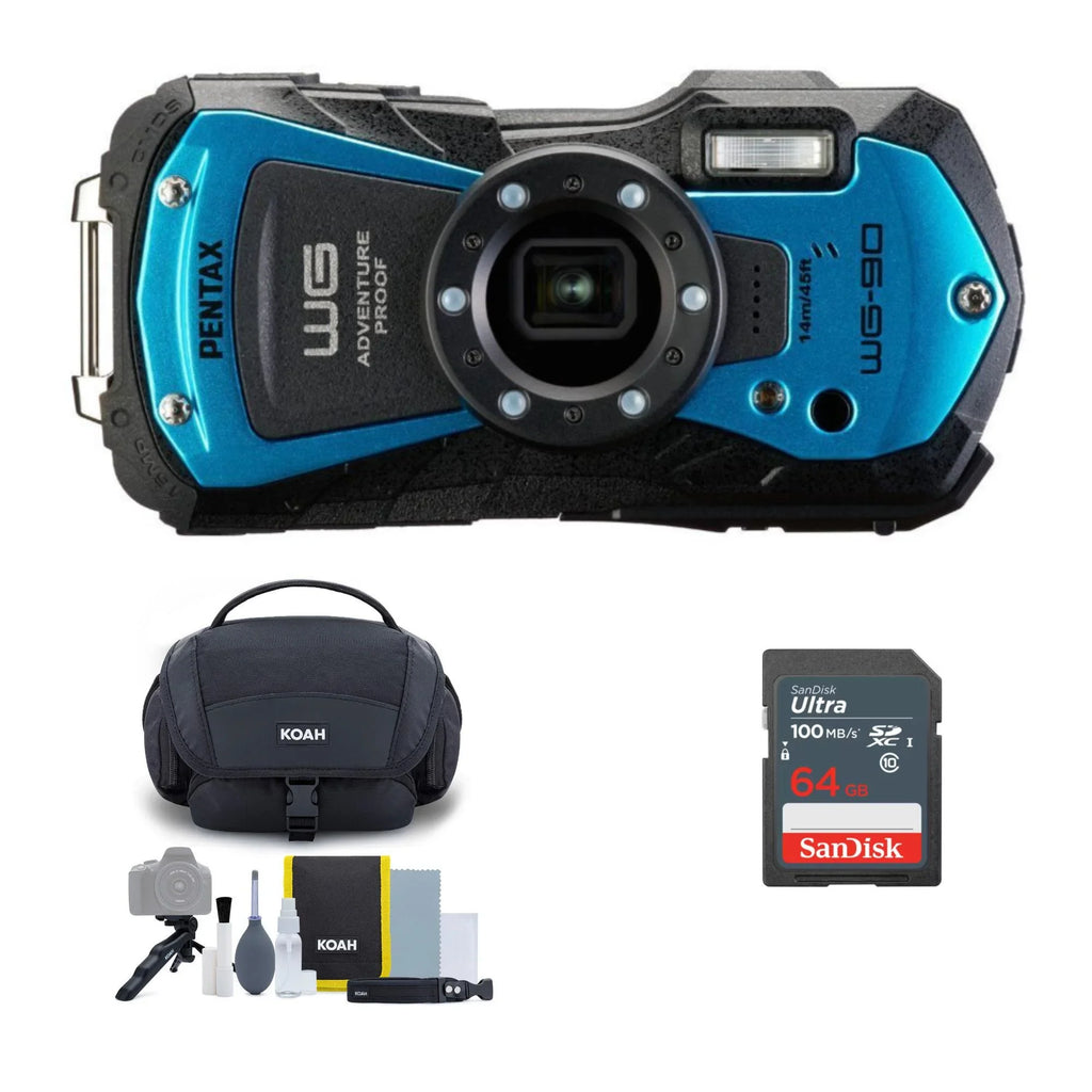Compact Cleaning Bag and WG-90 with Memory Card Accessory Camera Bundle Kit (Blue) 64GB PENTAX