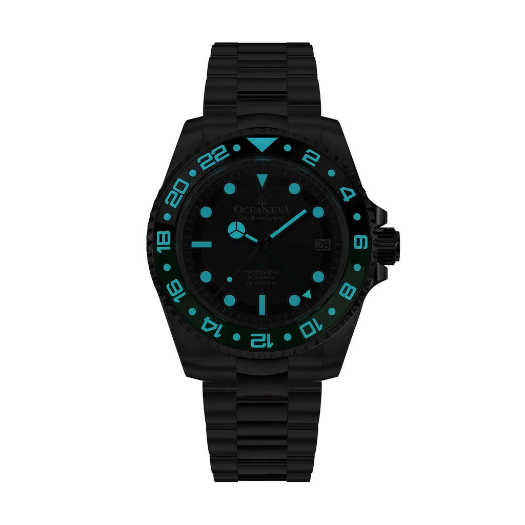 Movement 1250M Black Resistance Back Liquid Seal  Diver Triple Bezel - Automatic - - For Watches GMT Dive Deep Explorer Men with Pro Watch Case Screw Oceaneva™ Green Wrist Japan Swimming Down