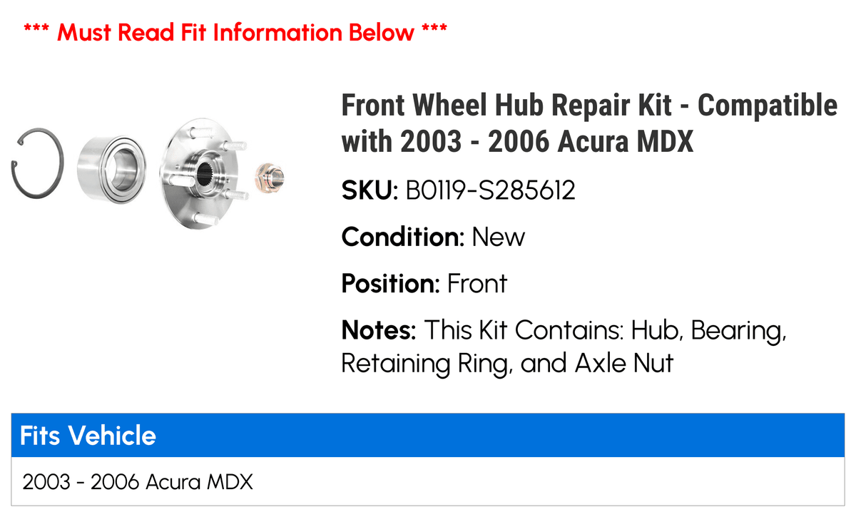 2005 MDX Acura Hub - Kit Repair Compatible 2003 2004 with - 2006 Wheel Front